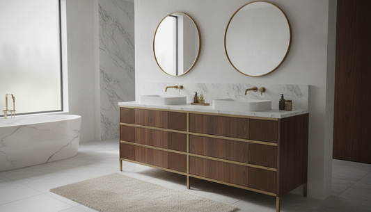 Vanderloc navy blue vanity with soft-close drawers in a holiday guest bathroom | Yala Vanity