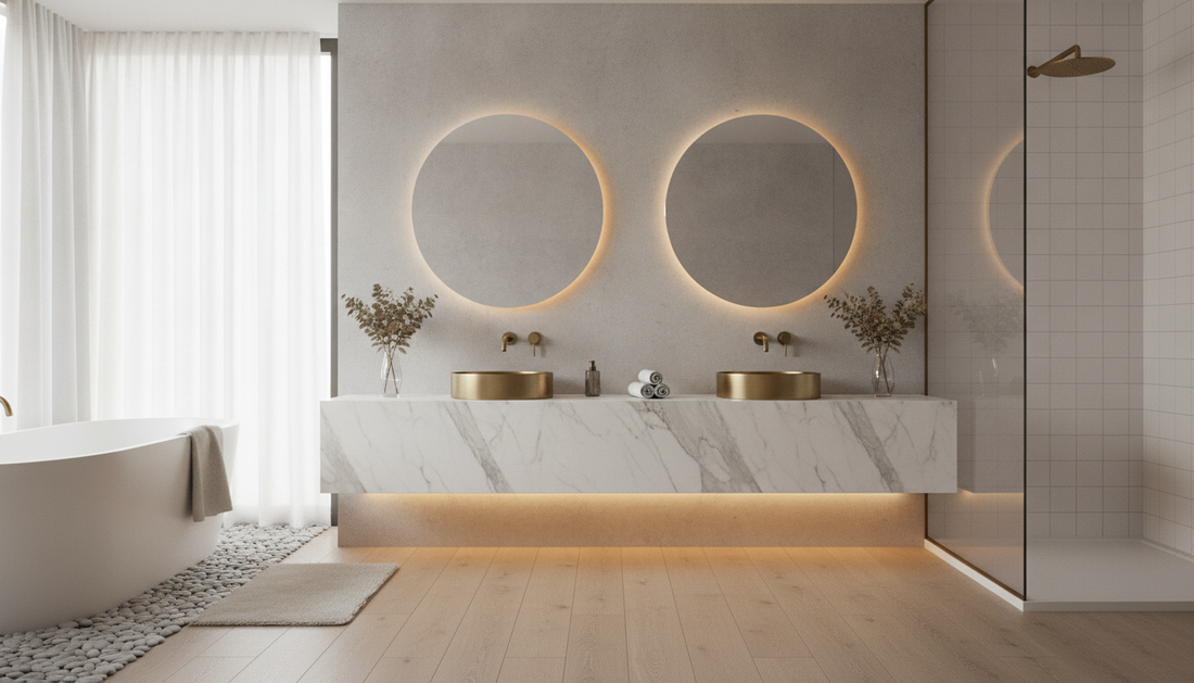 Natural walnut floating vanity with soft-close drawers mounted on white tile bathroom wall | Yala Vanity