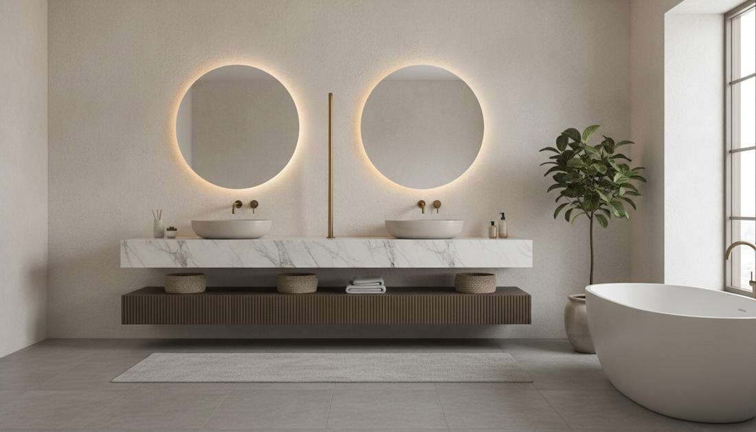 Luxury double sink vanity with mirror in a bright modern master bathroom | Yala Vanity