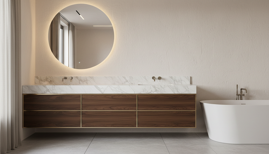 Vanderloc freestanding and floating bathroom vanities side by side in a modern bath | Yala Vanity