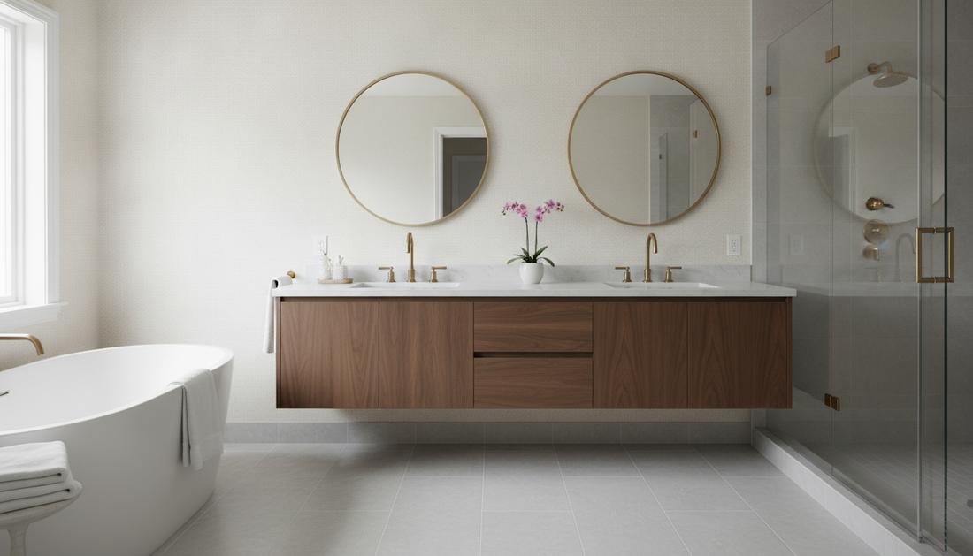 Vanderloc Ventura floating vanity with soft-close drawers and wall-mount installation in a modern bathroom | Yala Vanity