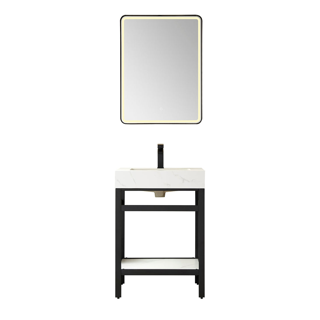 Black floating bathroom vanity — Vinnova Funes matte black metal frame with sintered stone top | Yala Vanity