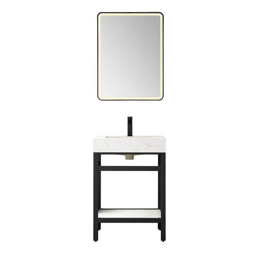 Black floating bathroom vanity — Vinnova Funes matte black metal frame with sintered stone top | Yala Vanity