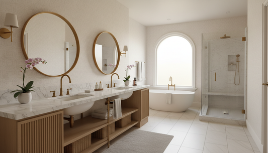 Double sink vanity with storage tower and soft-close drawers in a luxury master bathroom | Yala Vanity