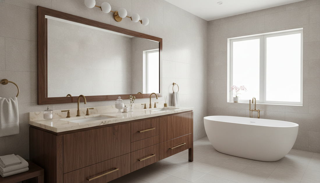 Side-by-side comparison of Vanderloc Ventura and Alexandra bathroom vanities in a luxury bathroom setting | Yala Vanity