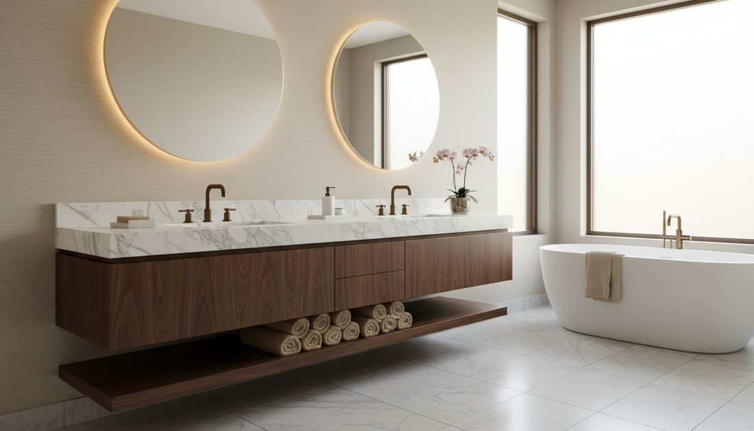 White luxury floating vanity with undermount sink and soft-close drawers mounted on tile wall | Yala Vanity
