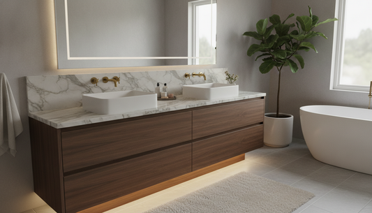 Vanderloc Alexandra floating bathroom vanity in a light, modern bathroom with natural stone countertop | Yala Vanity