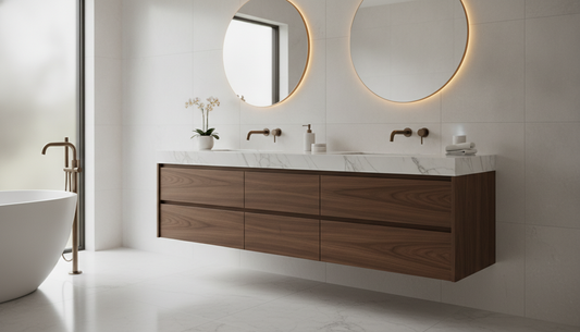 Vanderloc Gilded floating vanity wall-mounted in a modern bathroom with warm lighting | Yala Vanity