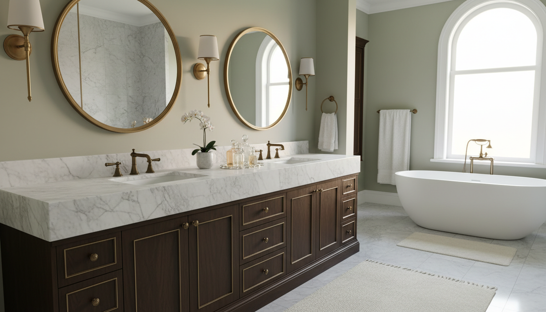 Freestanding luxury double sink vanity with quartz countertop and soft-close drawers in a spa-inspired master bathroom | Yala Vanity