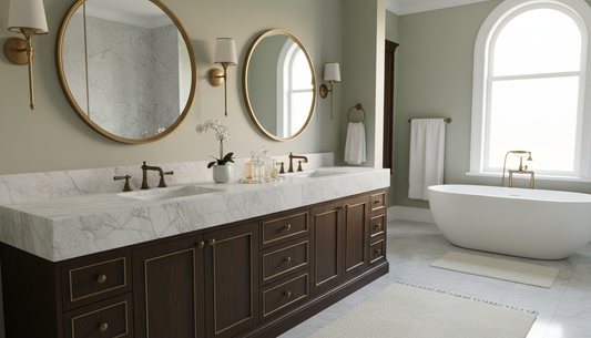 Freestanding luxury double sink vanity with quartz countertop and soft-close drawers in a spa-inspired master bathroom | Yala Vanity