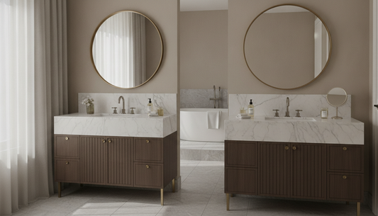 Vinnova double sink vanity with white quartz countertop and brushed nickel fixtures in a bright guest bathroom | Yala Vanity