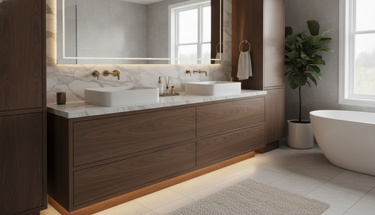 Vanderloc Avalon tall storage cabinet in a modern bathroom with soft-close doors and custom finish | Yala Vanity