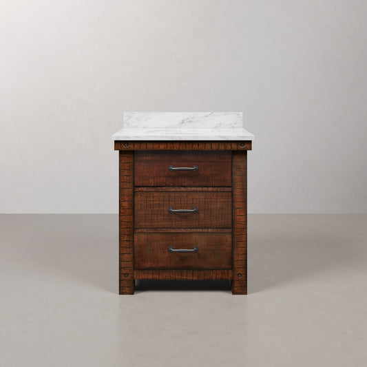 Water Creation Aberdeen 30-inch freestanding vanity in Rustic Sierra finish with marble top | Yala Vanity