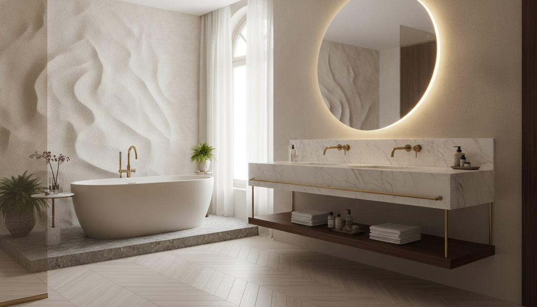 Modern floating vanity with white cabinet and undermount sink mounted on tile wall in a bright bathroom | Yala Vanity
