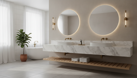 60 inch floating vanity with double sink in a modern primary bathroom featuring white oak cabinetry and brushed nickel fixtures | Yala Vanity