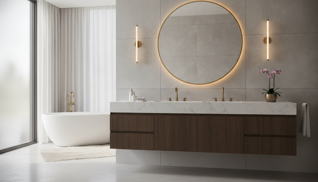 White floating bathroom cabinet with soft-close drawers mounted on tile wall | Yala Vanity