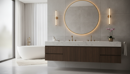 White floating bathroom cabinet with soft-close drawers mounted on tile wall | Yala Vanity