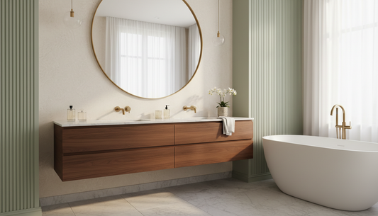 Modern floating vanity with white quartz countertop and brushed gold hardware in a bright bathroom | Yala Vanity