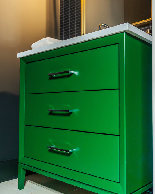 Vanderloc Alexandra shaker vanity in green finish — custom-sized bathroom vanity made in the USA