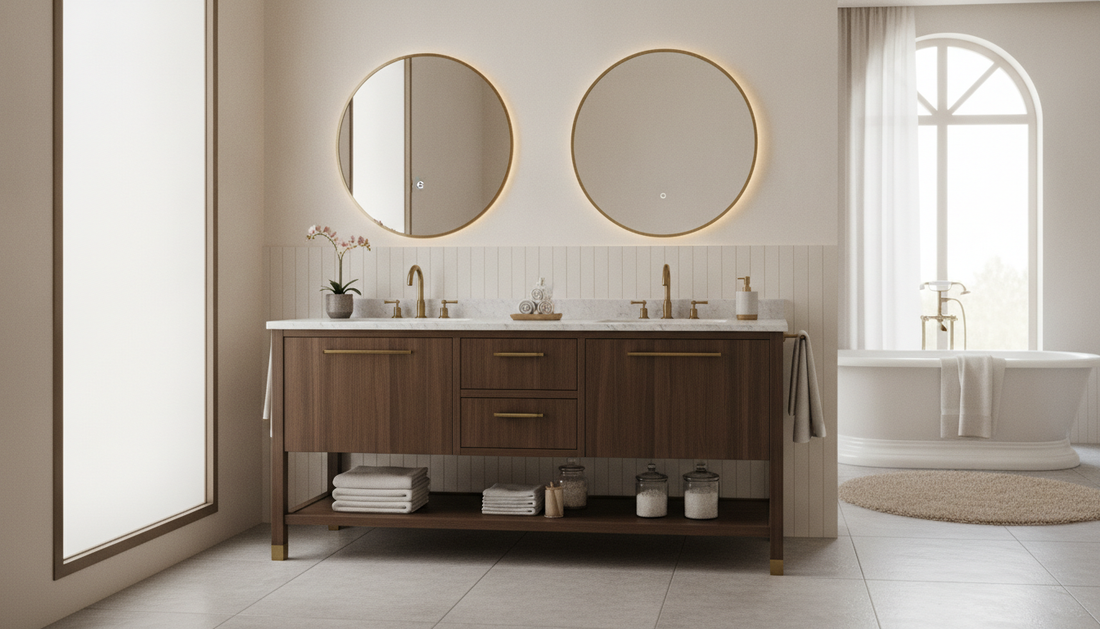 Freestanding luxury wood bathroom vanity with double sinks and warm walnut finish in a bright renovated bathroom | Yala Vanity