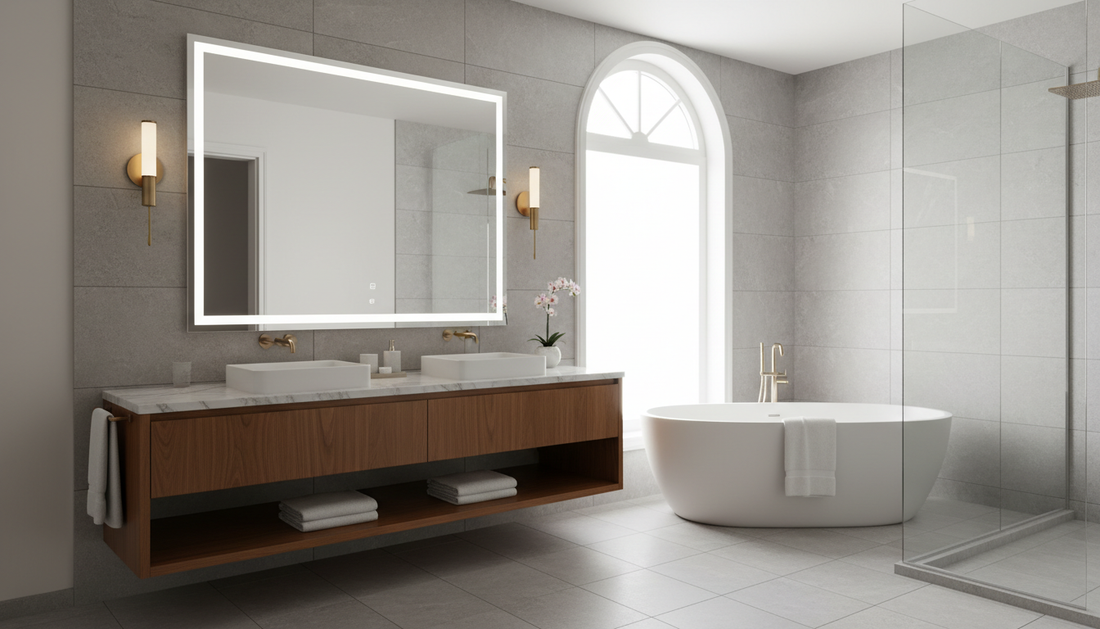 White wall-mounted bathroom vanity with undermount sink and two soft-close drawers in a modern white bathroom | Yala Vanity
