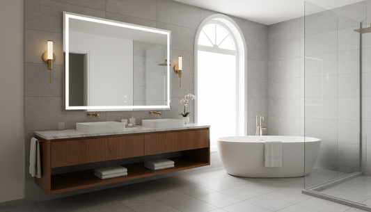 White wall-mounted bathroom vanity with undermount sink and two soft-close drawers in a modern white bathroom | Yala Vanity