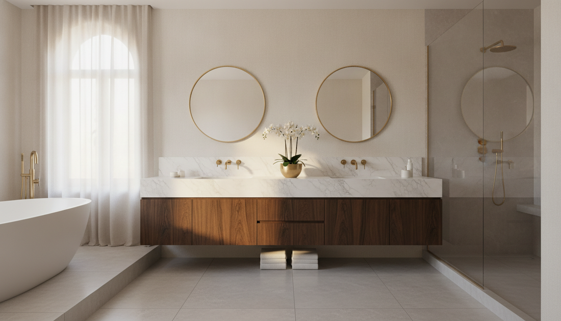 Wall-mounted floating double vanity with two undermount sinks in a modern master bathroom | Yala Vanity