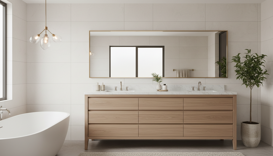 Vanderloc bathroom vanity with Silestone quartz top in white oak finish showing undermount sink and soft-close drawers | Yala Vanity