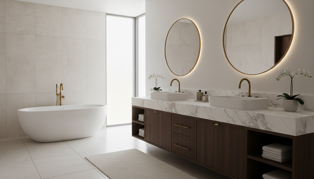 Freestanding double vanity with two sinks in a modern master bathroom with warm lighting | Yala Vanity