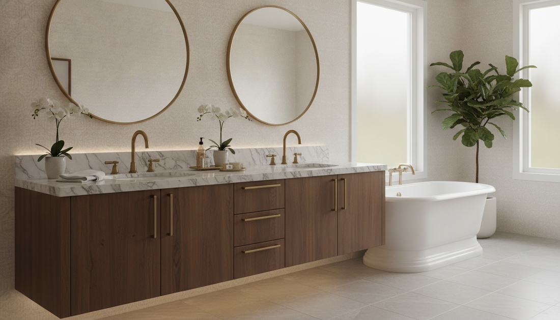 Freestanding upscale bathroom vanity with marble countertop and soft-close drawers in a modern luxury bathroom | Yala Vanity