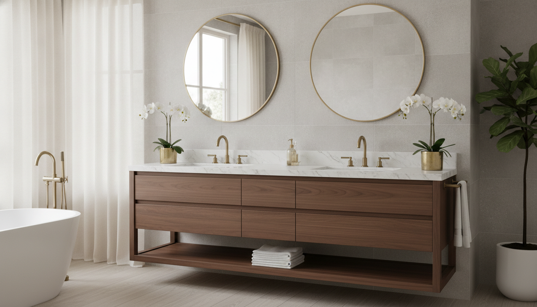 Modern double sink floating vanity with two undermount basins and wall-mounted faucets in a bright primary bathroom | Yala Vanity