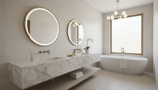 Wall-hung bathroom vanity cabinet being mounted to tile wall with drill and level | Yala Vanity
