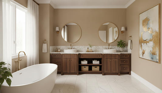 Water Creation double sink vanity in white finish with chrome hardware in a bright guest bathroom | Yala Vanity