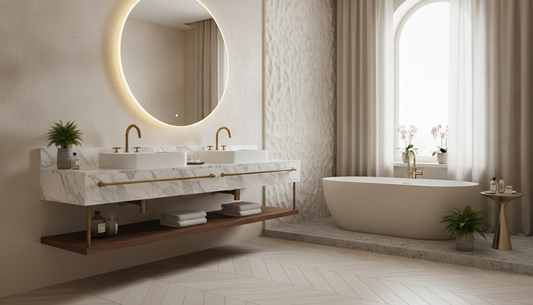 White 24 inch floating vanity with undermount sink and brushed nickel faucet in a small modern bathroom | Yala Vanity