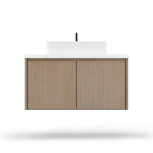 Wall-mounted white wood vanity with undermount sink in a compact bathroom with tile floor | Yala Vanity