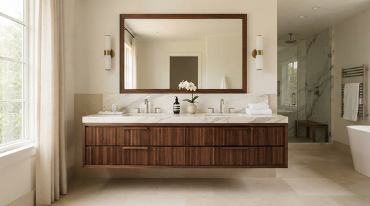 Vanderloc custom bathroom vanity with shaker doors and soft-close drawers in a bright alcove bathroom | Yala Vanity