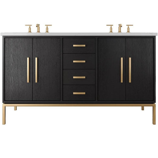 Double-sink bathroom vanity in Rift White Oak with quartz countertop | Yala Vanity
