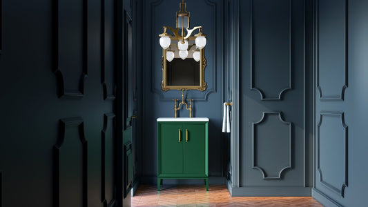 Vanderloc Alexandra single bath vanity in deep forest green, in a dark blue powder room with brass fixtures | Yala Vanity