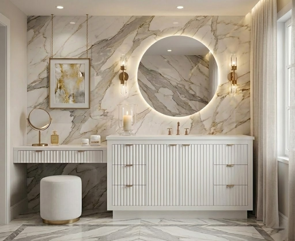 Vanderloc LeCrieu bespoke bathroom vanity with makeup drawer | Yala Vanity