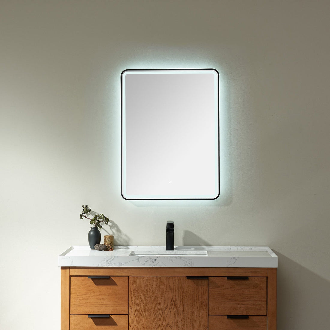 Vinnova LED rectangle mirror in bathroom — modern vanity area design