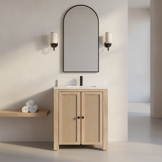 Single-basin vanity in a light wood finish under an arched mirror in an elegant neutral bathroom