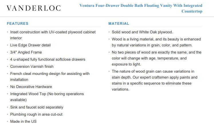 Vanderloc Ventura Four-Drawer Double Bath Floating Vanity With Integrated Countertop