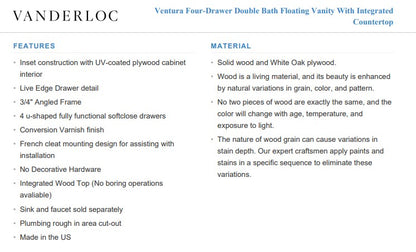 Vanderloc Ventura Four-Drawer Double Bath Floating Vanity With Integrated Countertop
