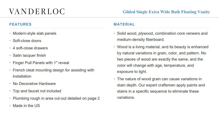 Vanderloc Gilded Single Extra Wide Bath Floating Vanity (Top and Faucet Not Included)