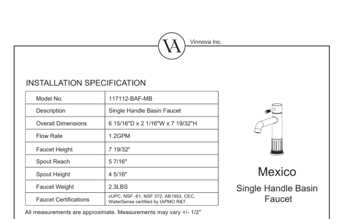 Vinnova, Mexico Single High-Handle Hole Lever Vessel Matte Black Bathroom Faucet