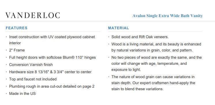 Vanderloc Avalon Single Extra Wide Bath Vanity (Add Top & Faucet)