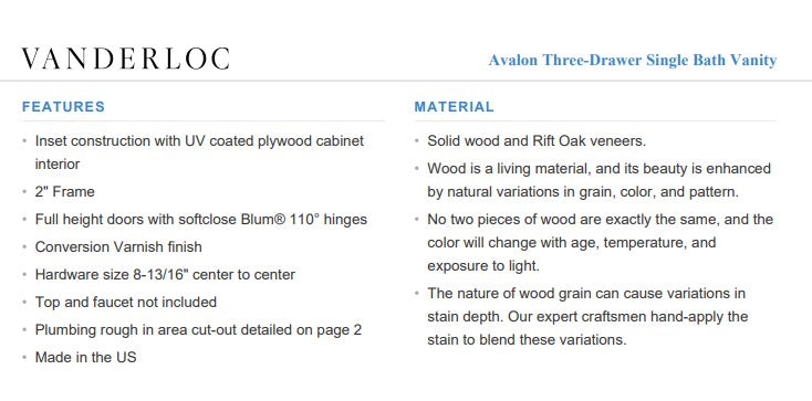 Vanderloc Avalon Three-Drawer Single Bath Vanity (Top and faucet not included)