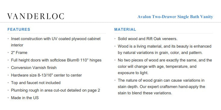 Vanderloc Avalon Two-Drawer Single Bath Vanity (Top and Faucet Not Included)
