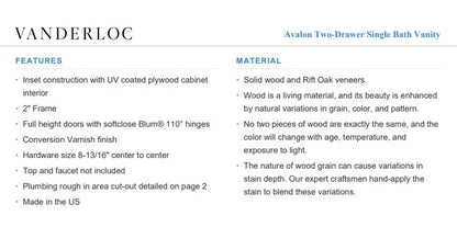 Vanderloc Avalon Two-Drawer Single Bath Vanity (Top and Faucet Not Included)
