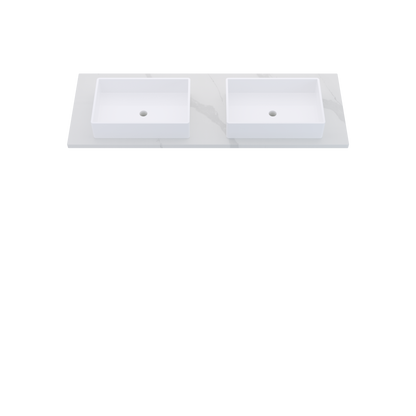 61" Vanderloc Silestone® Quartz Bathroom Vanity Top | Double Vigo Sink | Centered in Classic Calacatta